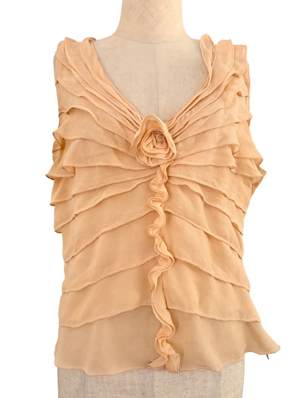 Vintage Y2K SILK Chiffon FairyCore Floral Ruffle  Cream Charming Rosette Tank 10